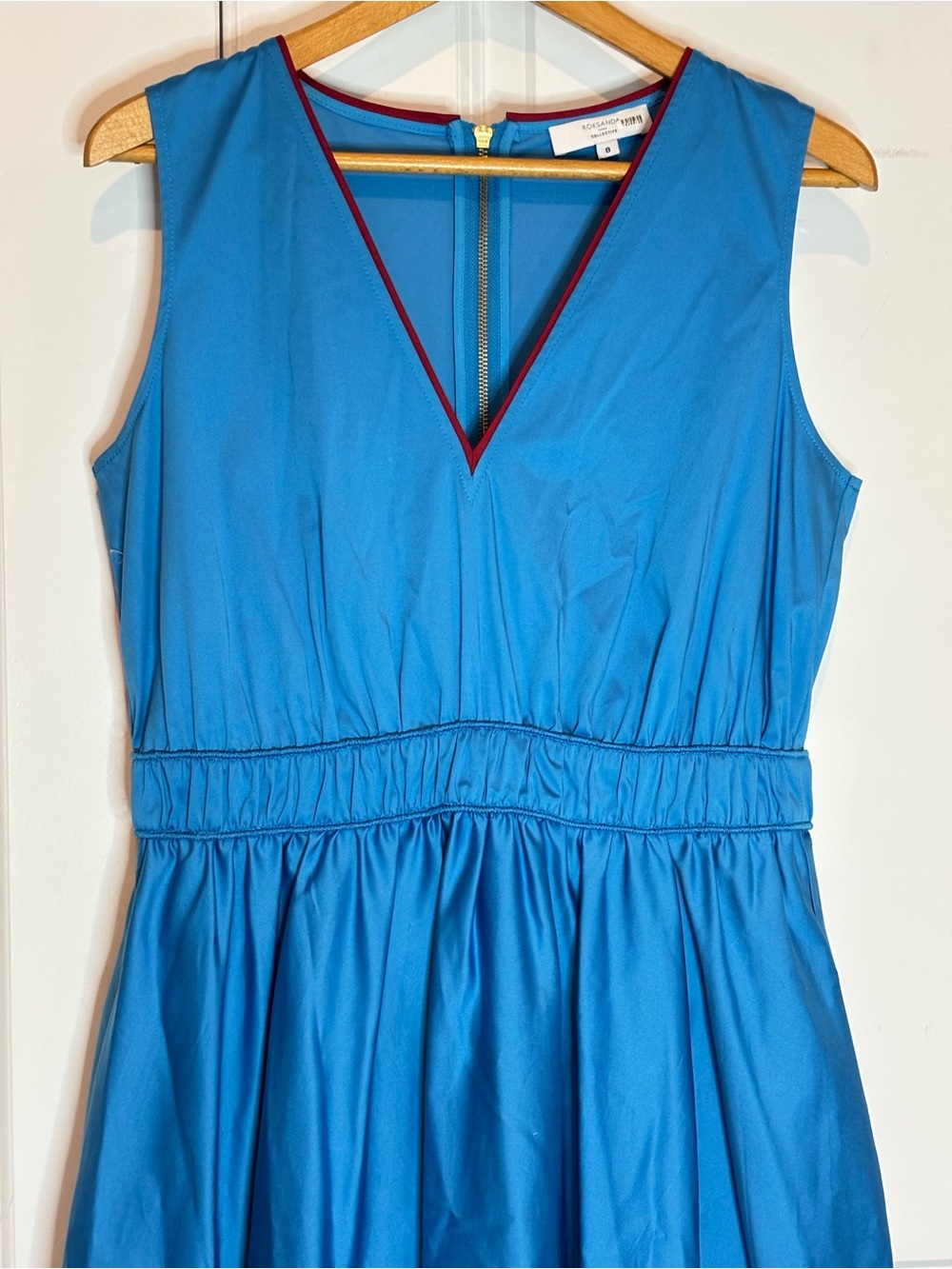 Roksanda Collective Vibrant Blue Red Trim V-neck Sleeveless Flare Midi Dress 8 - Picture 3 of 13